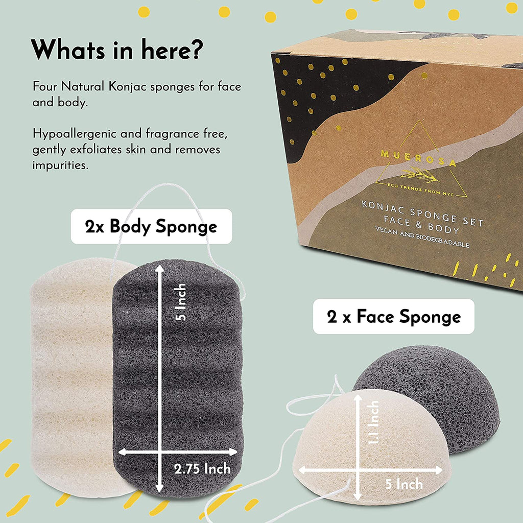 Konjac Sponge Set FACE & BODY | Four Natural Konjac sponges for face and body